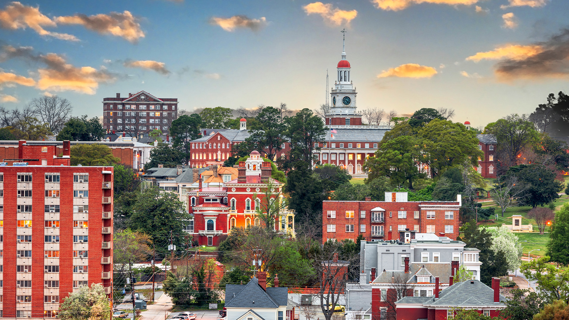 Downtown skyline of Macon, Georgia at dusk